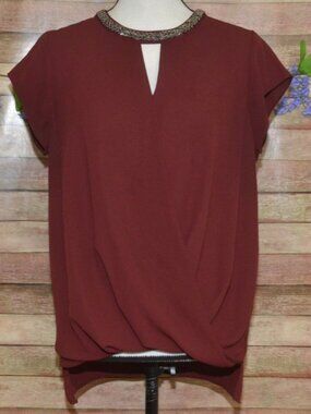 Mossimo Burgundy Blouse Keyhole Neckline Embellished Collar Draped Front Size M